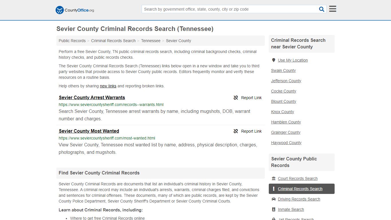 Sevier County Criminal Records Search (Tennessee) - County Office